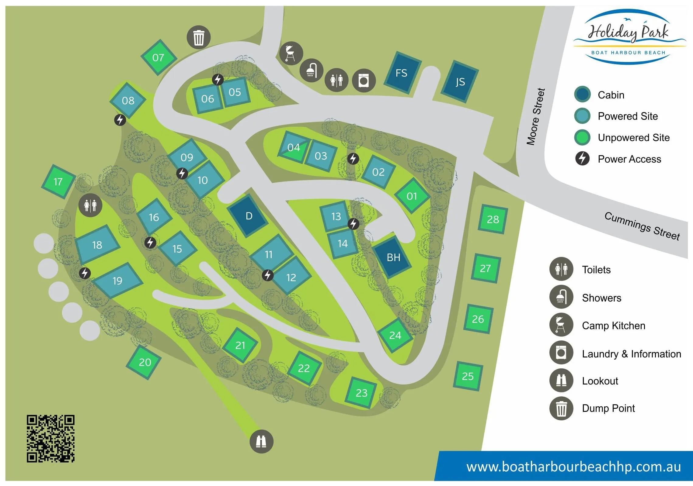 Map of Boat Harbour Beach Holiday Park showing cabins, powered and unpowered sites and facilities